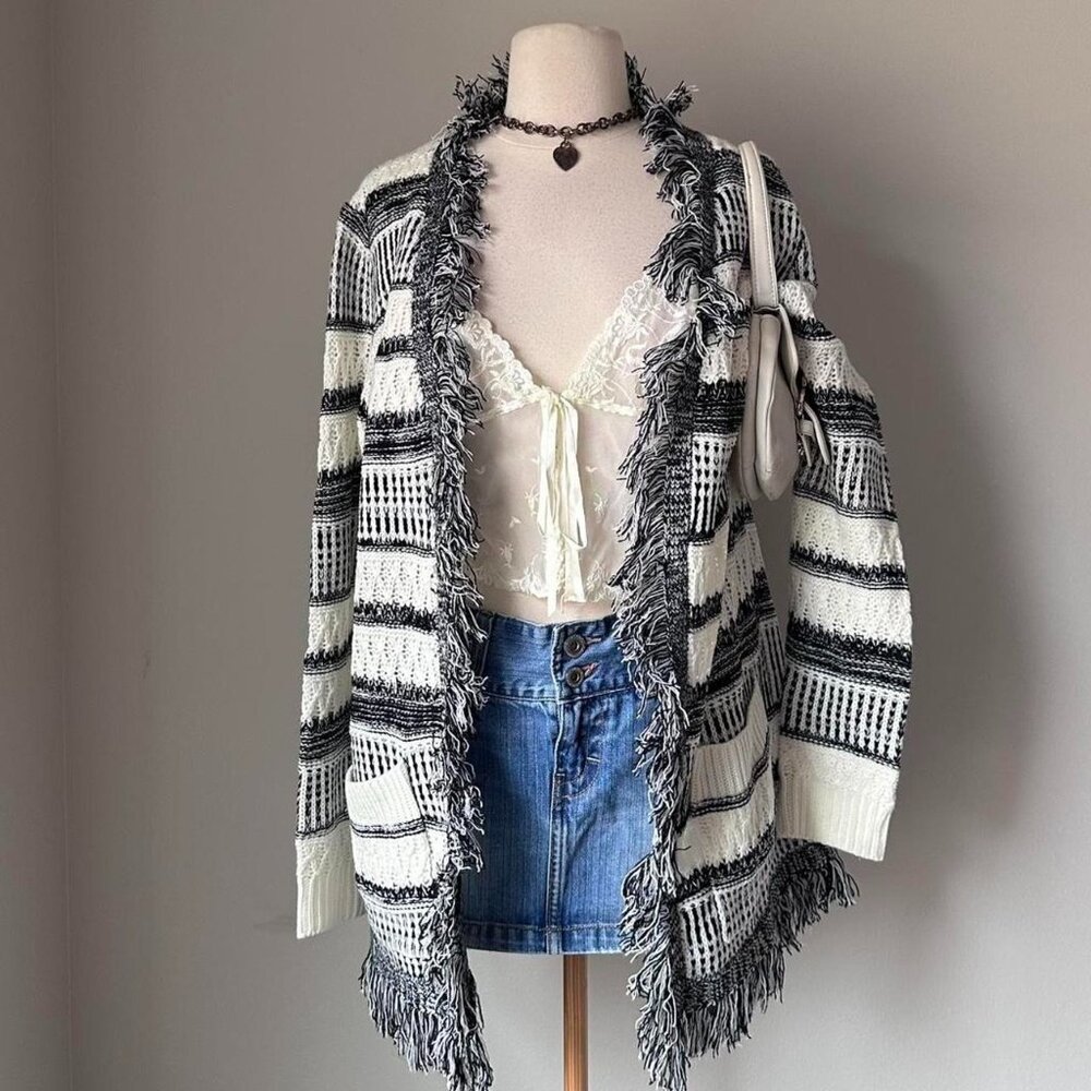 Black and white striped fringe cardigan